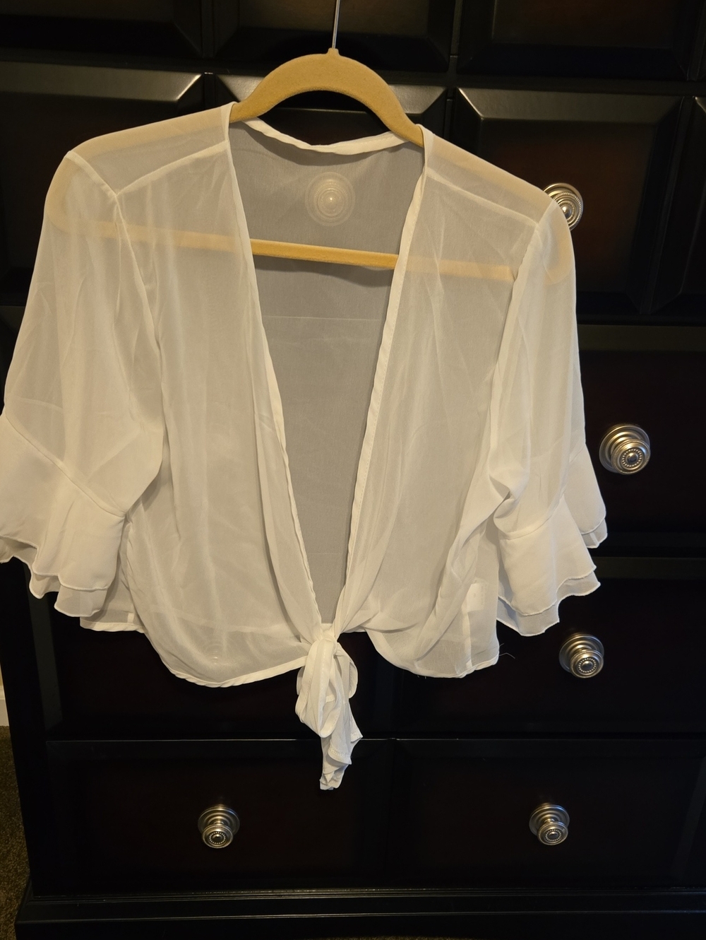 White Sheer Tie-Front Ruffle Sleeve Top